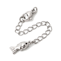 Платина Удлинитель цепочки из латуни с микропаве и прозрачным кубическим цирконием, цепочки с застежками-карабинами и подвесками в виде рыбок, платина, 74 мм, отверстие : 2.7 мм