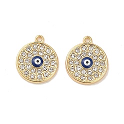 Bleu Royal Plaqué or pendentifs en alliage d'émail, avec strass, plaqué longue durée, plat rond avec breloque mauvais œil, bleu royal, 18x15x3mm, Trou: 1.5mm