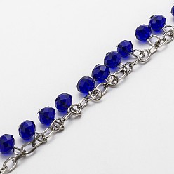 Medium Blue Handmade Faceted Rondelle Glass Beads Chains for Necklaces Bracelets Making, with Iron Cable Chains and Eye Pin, Unwelded, Medium Blue, 39.3, about 94pcs/strand