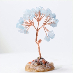 Aquamarine Natural Aquamarine Tree of Life Feng Shui Ornaments, Home Display Decorations, with Agate Slice, 40x35x80mm