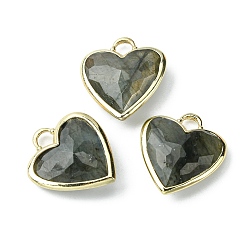Labradorite Natural Labradorite Pendants, Faceted Heart Charms, with Rack Plating Light Gold Plated Brass Edge, 23x20x7mm, Hole: 4x4mm
