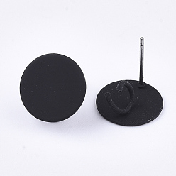 Black Spray Painted Iron Stud Earring Findings, with Steel Pins and Loop, Flat Round, Black, 12mm, Hole: 4mm, Pin: 0.7mm