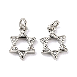 Platinum Rack Plating Brass Micro Pave Cubic Zirconia Pendants, with Jump Ring, Cadmium Free & Lead Free, Long-Lasting Plated, Star of David, Platinum, 12.5x9x2mm, Hole: 2.4mm