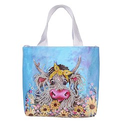 Cattle DIY Diamond Painting Handbag Kits, including Rectangle Bag, Acrylic Rhinestones, Diamond Sticky Pen, Tray Plate and Glue Clay, Cattle Pattern, Bag: 180x180mm