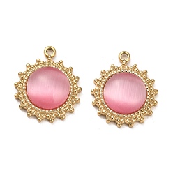 Pearl Pink 304 Stainless Steel Pendants, with Cat Eye, Sun Charms, Real 14K Gold Plated, Pearl Pink, 19x16x5mm, Hole: 1.6mm