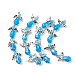 Sky Blue Angel Fairy Shape Electroplate Glass Beads Strands, with Tibetan Style Alloy Wing Beads, Sky Blue, 26~28x18~26x10mm, Hole: 0.8mm, about 4pcs/strand, 3.858~4.09''(9.8~10.4cm)