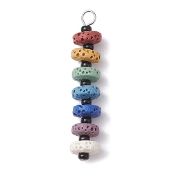 Lava Rock Chakra Natural Lava Rock Dyed Beaded Pendants, with Black Glass Seed Beads, Disc Charms, Platinum, 43x8mm, Hole: 2.5mm