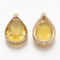 Goldenrod Faceted Glass Pendants, with Golden Tone Brass Open Back Settings, Teardrop, Goldenrod, 23x15.5x6.5mm, Hole: 1.5mm