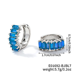 Синий Латунные прямоугольные серьги-кольца, с кубического циркония, платина, синие, 17x7 мм