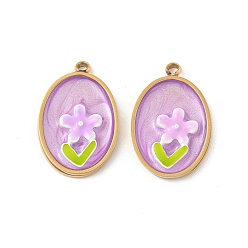 Сливовый 304 нержавеющей стальной эмали подвески, овал с цветочными подвесками, ионное покрытие (ip), реальный 18 k позолоченный, слива, 18.5x12x2.5 мм, отверстие : 1.4 мм