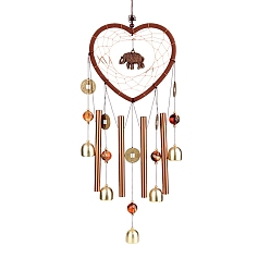 Elephant Heart Woven Net/Web Wind Chimes, with Glass Beads and Metal Bell, for Outdoor Garden Home Hanging Decoration, Elephant, 550mm