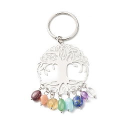 Stainless Steel Color 201 Stainless Steel Filigree Pendants Keychains, with Mixed Natural Chip Beads, 304 Stainless Steel Split Key Rings & Open Jump Rings, Tree of Life, Stainless Steel Color, 8.4cm