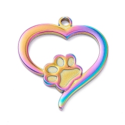 Rainbow Color Placage sous vide 304 pendentif cabochon en acier inoxydable pour émail, coeur avec une empreinte de chien, couleur arc en ciel, 27.5x25x2mm, Trou: 2mm