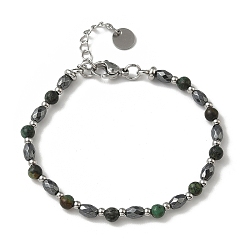 Африканский Бирюза(яшма) Браслеты из натуральной африканской бирюзы (яшмы) и немагнитного синтетического гематита для женщин, с 201 нержавеющей сталью и 304 фурнитурой из нержавеющей стали, бусина : 4 мм и 6x4.5 мм, 7-1/8 дюйм (18.1 см)