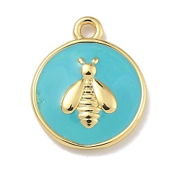 Темно-бирюзовый Подвески из латуни с эмалью в стойку, долговечный, без свинца и без кадмия, реальный 18 k позолоченный, плоский круг с рисунком пчелы, темные бирюзовый, 16x13x2 мм, отверстие : 1.6 мм