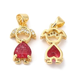 Deep Pink Real 16K Gold Plated Brass Micro Pave Cubic Zirconia Pendants, with Glass, Girl Charms, Deep Pink, 18x11x4.5mm, Hole: 4.5x3.5mm