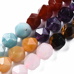 Mixed Stone Chakra Theme Natural Tiger Eye & Rose Quartz & Amethyst & Topaz Jade & Red Agate & Amazonite & Sodalite Beads Strands, Star Cut Round Beads, Faceted, 10x9~10mm, Hole: 1mm, about 39pcs/strand, 15.55 inch(39.5cm)