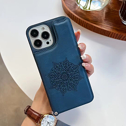 Marine Blue PU Leather Mobile Phone Case for Women Girls, Mandala Pattern Camera Protective Covers for iPhone14 Plus, Marine Blue, 16.08x7.81x0.78cm