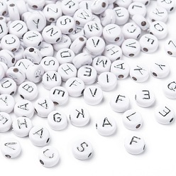 Silver Plated Plating Acrylic Beads, Metal Enlaced, Horizontal Hole, Mixed Letters, Flat Round, Silver Plated, 7x4mm, Hole: 1.8mm