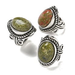 Унакит Регулируемые кольца из натурального унакита, без свинца и без кадмия, старинные посеребренные латунные перстни для женщин, овальные, 27 мм, внутренний диаметр: 17 мм