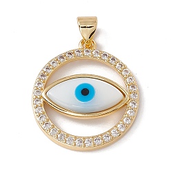 Real 18K Gold Plated Brass Micro Pave Clear Cubic Zirconia Pendants, with Shell Cabochon, Cadmium Free & Nickel Free & Lead Free, Rack Plating, Flat Round with Evil Eye Pattern, Real 18K Gold Plated, 22.5x20x4.5mm, Hole: 3.5x4.5mm