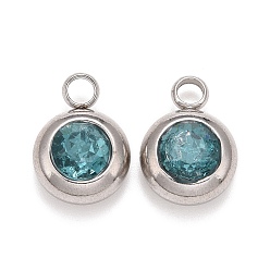Teal 304 Stainless Steel Charms, Flat Round with Glass Rhinestone, Stainless Steel Color, Teal, 14x10x6mm, Hole: 2.5mm