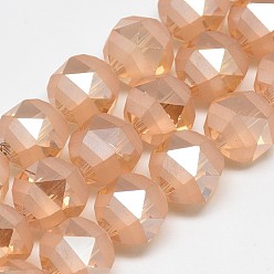 Light Salmon Electroplate Glass Beads Strands, Rainbow Plated, Frosted, Faceted, Round, Light Salmon, 15~16x15mm, Hole: 2mm, about 40pcs/strand, 23.62 inch