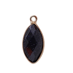 Blue Goldstone Synthetic Blue Goldstone Pendants, with Golden Plated Brass Edge, Faceted, Horse Eye Charms, 17x9mm