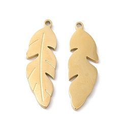 Real 18K Gold Plated Ion Plating(IP) 316L Surgical Stainless Steel Pendants, Feather Charm, Textured, Real 18K Gold Plated, 23x17.5x1.4mm, Hole: 1.2mm