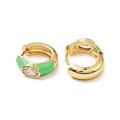 Lime Clear Cubic Zirconia Oval Thick Hoop Earrings with Enamel, Real 18K Gold Plated Brass Jewelry for Women, Lime, 15x16x5mm, Pin: 0.8mm