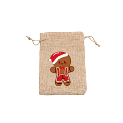 Gingerbread Man Rectangle Christmas Themed Burlap Drawstring Gift Bags, Gift Pouches for Christmas Party Supplies, BurlyWood, Gingerbread Man, 14x10cm