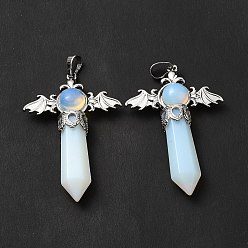 Opalite Opalite Pendants, Angel Charms, with Rack Plating Platinum Tone Brass Findings, Cadmium Free & Lead Free, 52~53x37x11mm, Hole: 8x5mm