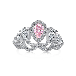 Real Platinum Plated Rhodium Plated 925 Sterling Silver Pave Pink Cubic Zirconia Hollow Finger Ring for Women, Crown, Real Platinum Plated, US Size 6(16.5mm)