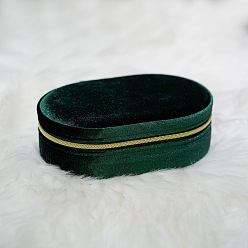 Dark Green Velvet Jewelry Box, Travel Portable Jewelry Case, Zipper Storage Boxes, for Necklaces, Rings, Earrings and Pendants, Flat Oval, Dark Green, 5.2x10cm
