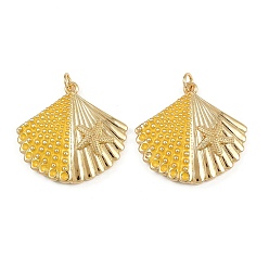 Золотистый Латунь эмаль подвески, с целью перехода в кольце, форма ракушки с подвеской в виде морской звезды, реальный 18 k позолоченный, стойки покрытие, без свинца и без кадмия, долговечный, золотые, 26x28x5 мм, отверстие : 3 мм