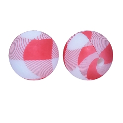 Cerise Round with Stripe Print PatternFood Grade Silicone Beads, Silicone Teething Beads, Cerise, 15mm