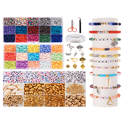 Mixed Color DIY Preppy Bracelet Making Kit, Including Polymer Clay Disc & Acrylic Letter & Plastic Star & Natural Shell Beads, Heart & Leaf & Angel & Flamingo Alloy Pendants, Tweezers, Scissor, Mixed Color