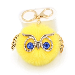 Champagne Yellow Cute Pompom Fluffy Owl Pendant Keychain, with Alloy Findings, for Woman Handbag Car Key Backpack Pendants, Champagne Yellow, 12x9cm
