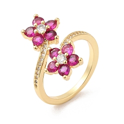 Deep Pink Cubic Zirconia Flower Open Cuff Rings, Real 16K Gold Plated Brass Jewelry for Women, Deep Pink, US Size 6(16.5mm)
