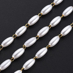 Real 16K Gold Plated 304 Stainless Steel & ABS Plastic Imitation Pearl Beaded Chains, Soldered, with Spool, Oval, Real 16K Gold Plated, 6x3mm, about 65.62 Feet(20m)/Roll