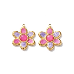 Ярко-Розовый Крашеные натуральный белый нефрит подвески, 304 подвески-цветы из нержавеющей стали с эмалью, реальный 18 k позолоченный, вакуумное покрытие pvd, ярко-розовый, 24.5x20x5 мм, отверстие : 1.4 мм