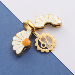 Leo Opened 304 Stainless Steel Pendants, with Enamel, Real 18K Gold Plated, Daisy with Twelve Constellation, Leo, 36x25x6mm