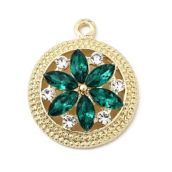 Изумруд Подвески из сплава и страза, стойки покрытие, плоские круглые с цветком, золотые, изумруд, 29x23.5x5.5 мм, отверстие : 2.4 мм