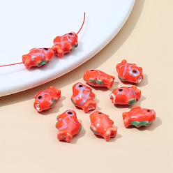 Tomato Pearlized Handmade Porcelain Beads, Fish, Tomato, 15x12mm, Hole: 2mm