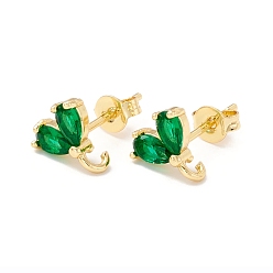 Green Rack Plating Brass Cubic Zirconia Stud Earrings Findings, Real 18K Gold Plated, with Loop, Cadmium Free & Lead Free, Heart, Green, 9x8.5mm, Hole: 1.5mm, Pin: 1mm