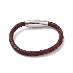 Coconut Brown Leather Braided Round Cord Bracelet with 304 Stainless Steel Clasp for Women, Coconut Brown, 7-7/8 inch(20cm)