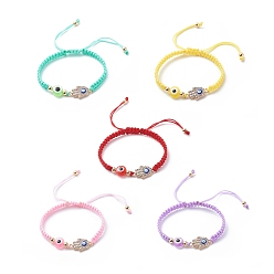 Mixed Color Adjustable Nylon Thread Cord Braided Beaded Bracelets, with Evil Eye Resin Beads and Alloy Rhinestone Hamsa Hand Beads, Mixed Color, Inner Diameter: 1-7/8~2-3/4 inch(4.7~6.9cm)