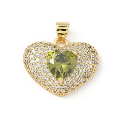 Светло-зеленый Коричневый 5 кулоны из латуни с прозрачным кубическим цирконием, сердце, без свинца и без кадмия, долговечный, стойки покрытие, реальный 18 k позолоченный, оливковый, 16x20x8 мм, отверстие : 5x3.5 мм