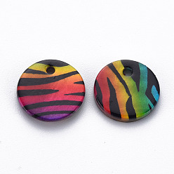 Colorful Printed Freshwater Shell Charms, Flat Round with Zebra-Stripe Pattern, Colorful, 12.5x1~2.5mm, Hole: 1.4~1.6mm