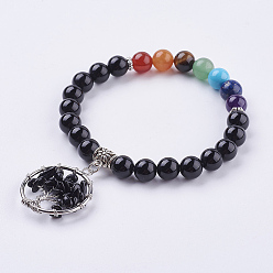 Black Agate Gemstone Stretch Bracelets, with Tibetan Style Pendants, Tree of Life, 2 inch(52mm)